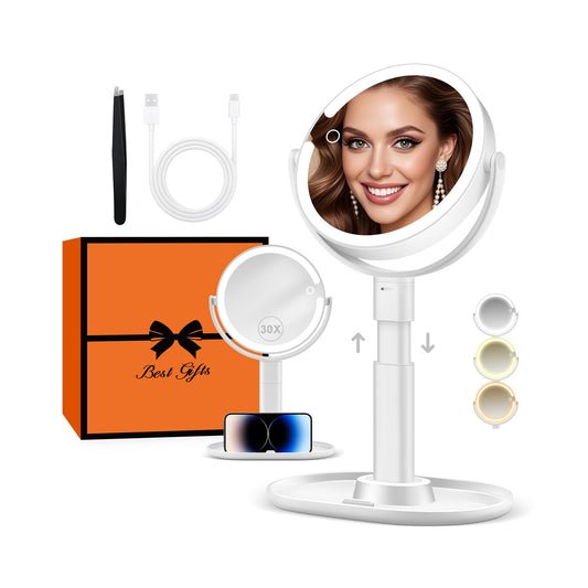 B Beauty Planet Vanity Mirror with Lights, 30X Magnifying Makeup Mirror with 3 Lighting and Adjustable Brightness, Rechargeable 2-Sided Height Adjustable Desk Mirror for Bathroom, Women Gifts for Mom