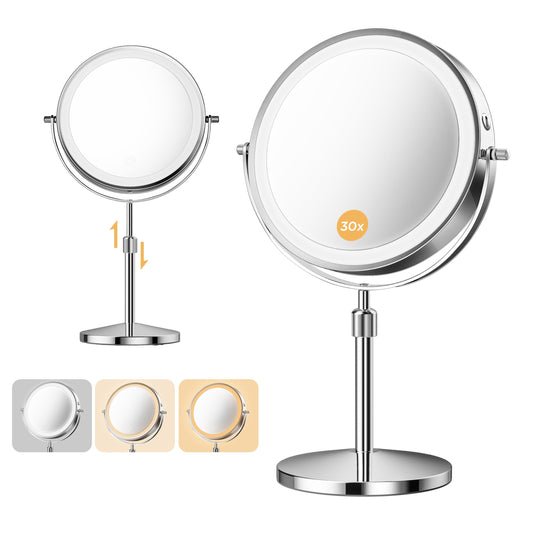 tubbede Makeup Mirror, 1X/30X Double Sided Magnifying Mirror with 3 Colors, 3200 mAh Rechargeable Vanity Mirror with 360° Rotation, Brightness Adjustable Light up Mirror, Women Gift (Gray)