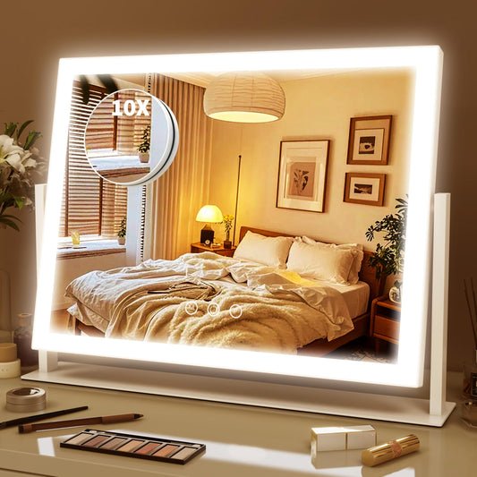 ROLOVE Lighted Makeup Mirror 16.3"x12.6", Hollywood Vanity Mirror with 10X Magnifier, 3 Color LED Lighting Modes, Smart Touch Control & 360° Rotation, Tabletop Makeup Mirror (White, Gift Ready)