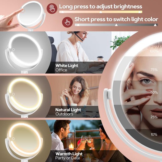 B Beauty Planet Vanity Mirror with Lights, 30X Magnifying Makeup Mirror with 3 Lighting and Adjustable Brightness, Rechargeable 2-Sided Height Adjustable Desk Mirror for Bathroom, Women Gifts for Mom